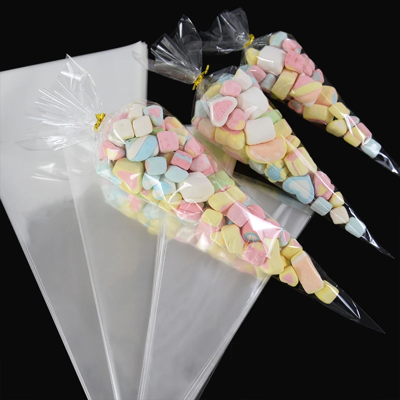 

50PCS Transparent Cone-Shaped Clear Packing Bag with Twist Ties Wedding Birthday Party Gift Chocolate Sweet Popcorn Candy Bags