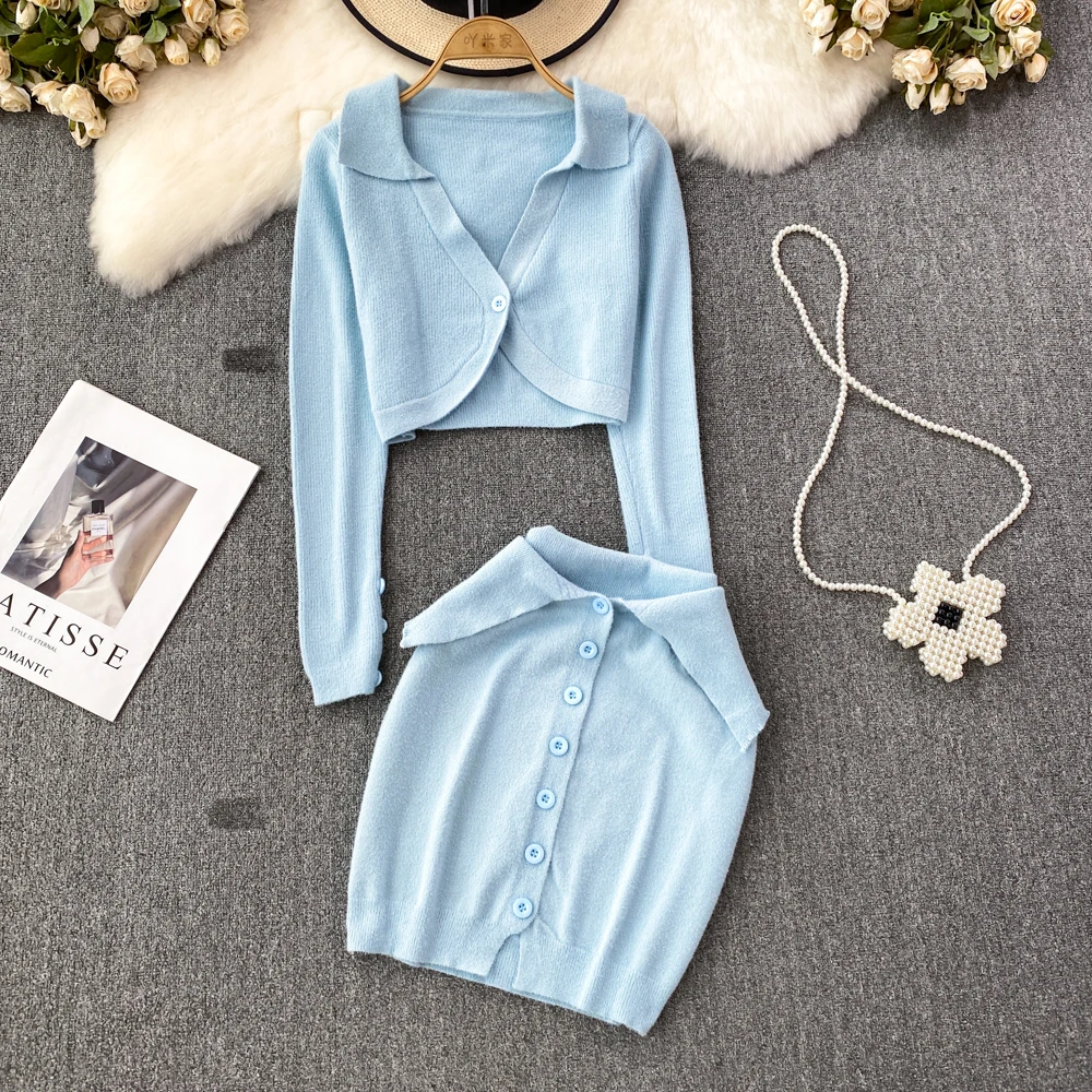 Autumn and Winter New Korean Style Fashion Suit Femininity Long-sleeved Lapel Cardigan + High Waist Bag Hip Skirt Two-piece Set