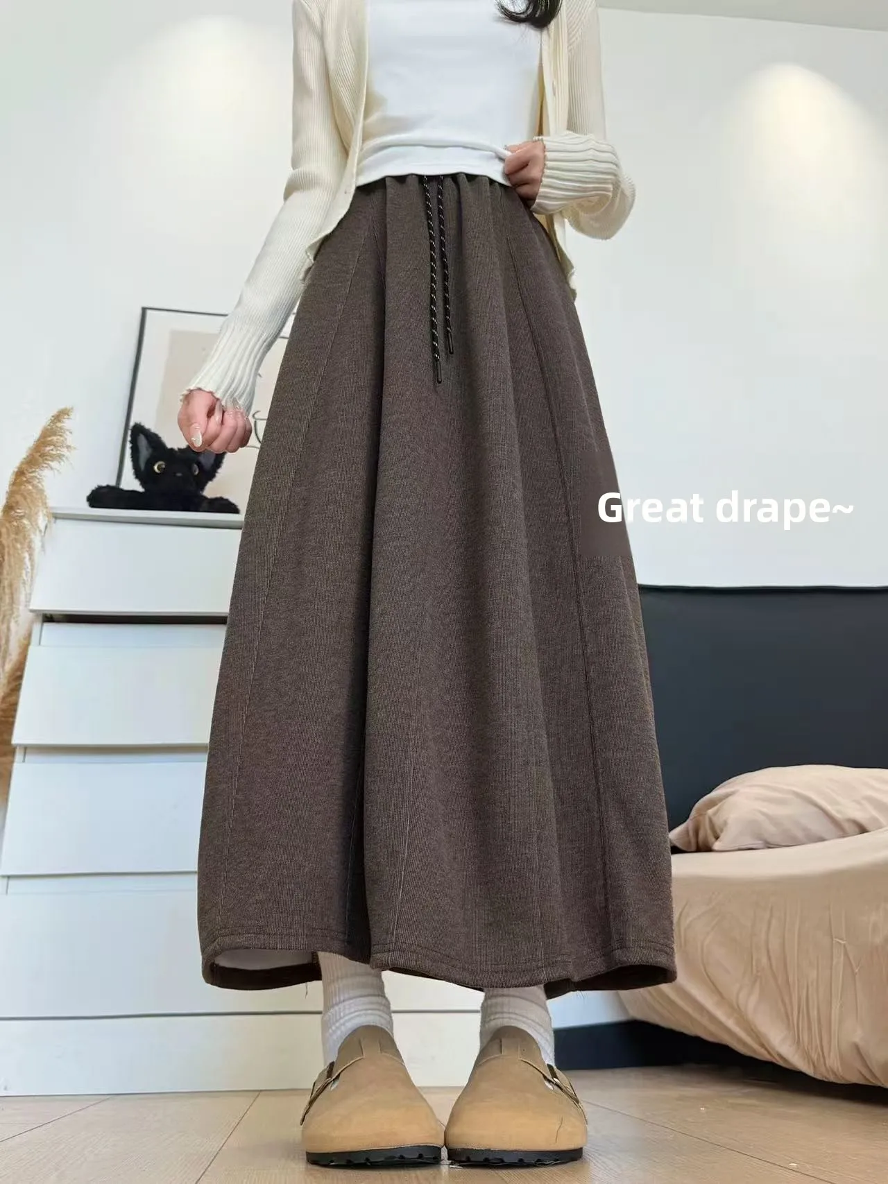 

Юбка-трапеция с высокой талией для полных женщин, повседневный стиль, свободный крой, фасон «бутон цветка»/«тыква», удобная, весна-осень