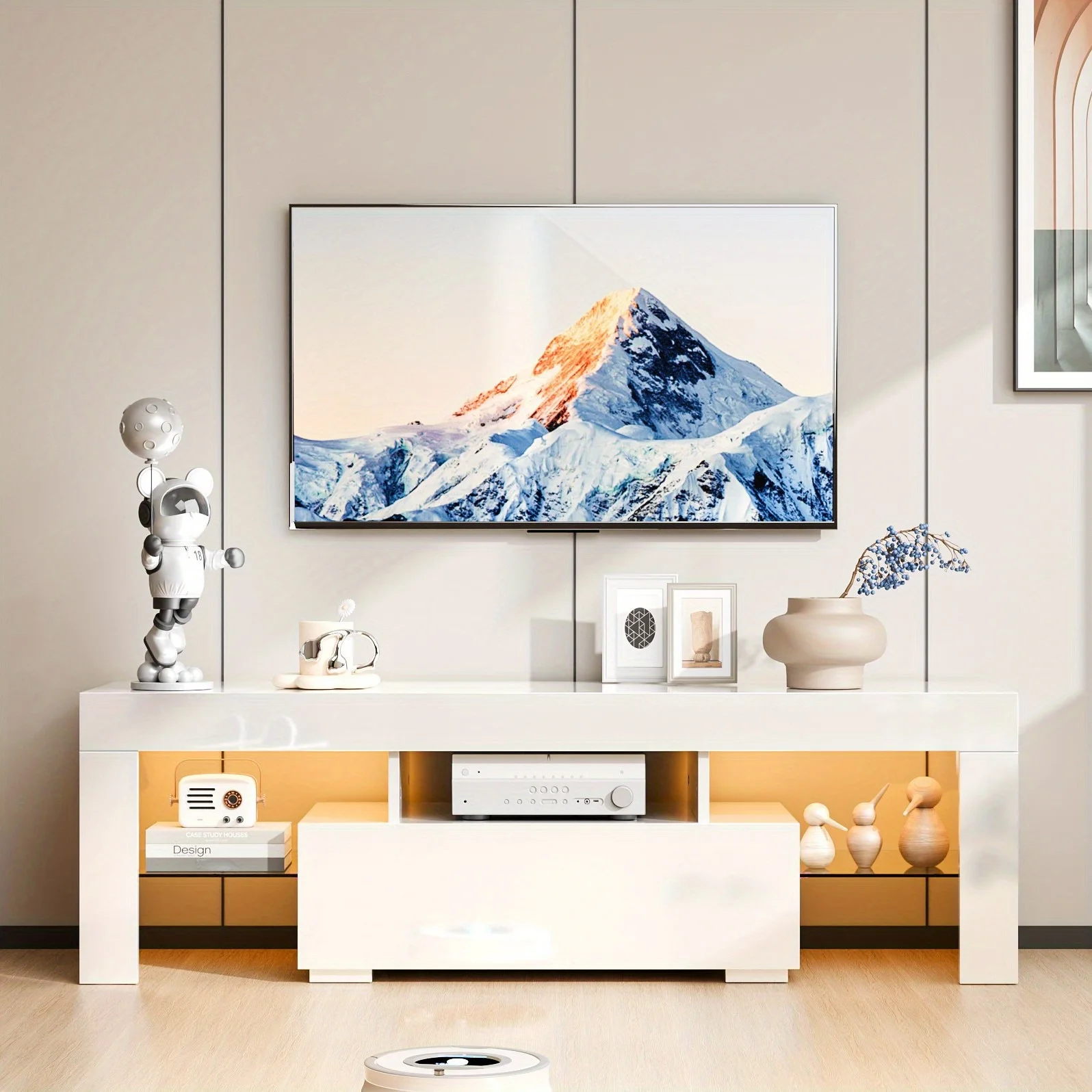 

Промышленная тумба под телевизор с выдвижным ящиком, стеклянной полкой и открытыми полками для хранения - современная консоль для ТВ в гостиную, спальню (белая, 51 дюйм)