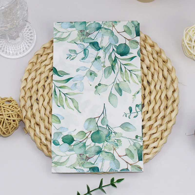 20pcs Long Green Leaf Napkins, Disposable Watercolor Plant Print Serviettes for Dinner Party, Art Themed Table Decorations