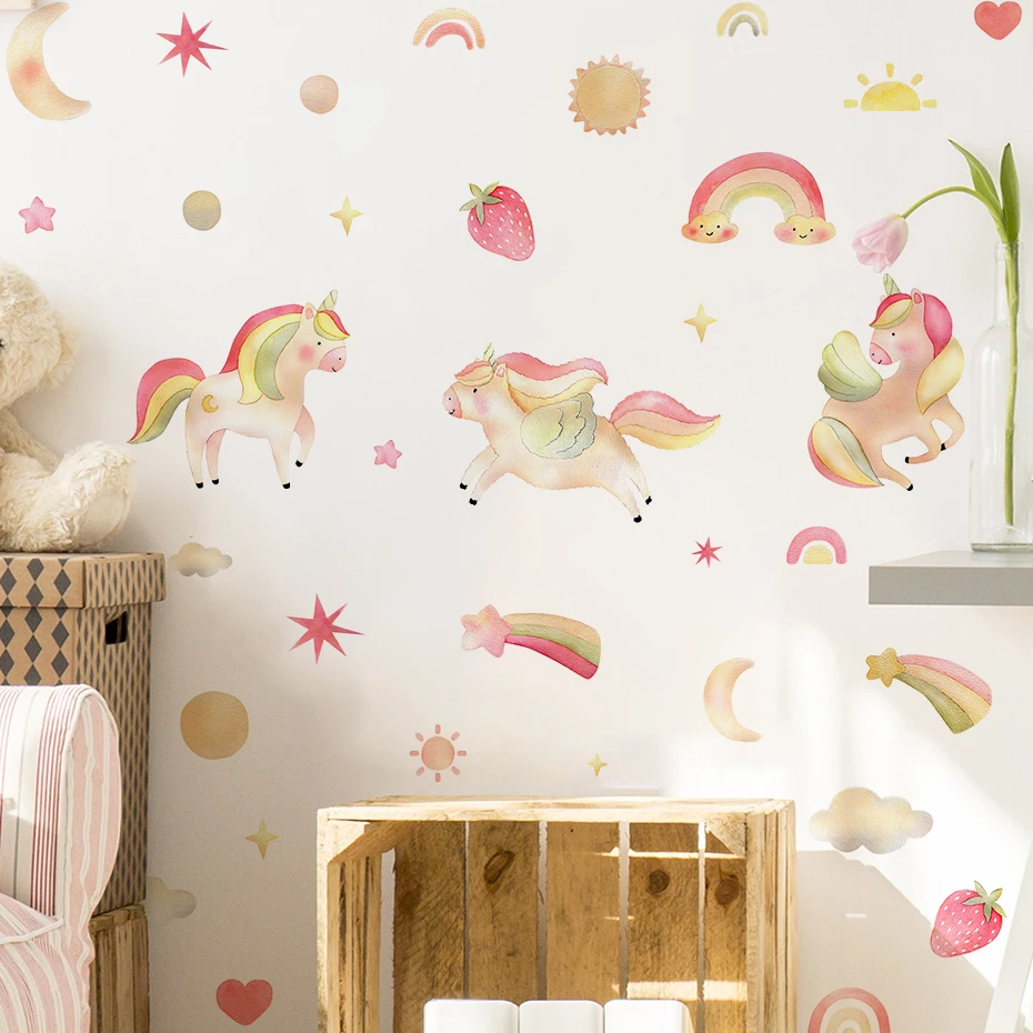 

Boho Cartoon Unicorn Rainbow Hearts Stars Pattern Wall Stickers for Kids Room on Wall Decoration Wall Decals Bedroom Decor