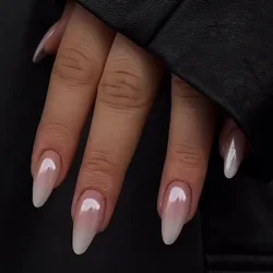24Pcs Simple French Fake Nails Set with Glue Gradient White Almond Press on Nails Detachable Stiletto Full Cover False Nail Tips