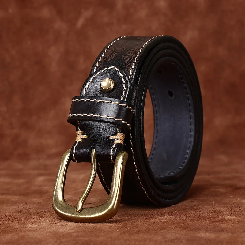 Персонализированный модный тренд шириной 3,3, ретро-верхний слой из воловьей кожи с лазерной гравировкой, мужской ремень из натуральной кожи с пряжкой
