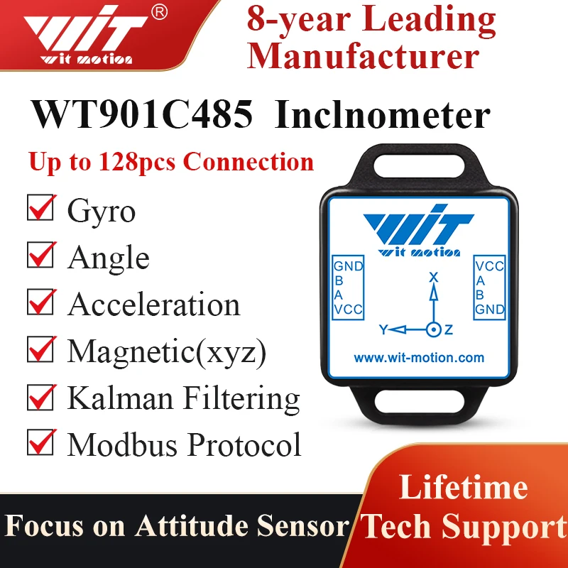 WitMotion WT901C485 9-Axis AHRS Inclinometer Acceleration+Gyro+Angle (XY 0.05° Accuracy)+Digital Compass, RS485 Modbus Protocol