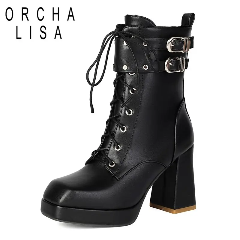 

ORCHA LISA 2025 Блестящие женские сапоги до середины икры с квадратным носком на блочном каблуке 9,5 см Платформа 1,8 см Большой размер 45 46 47 Ботильоны на шнуровке на молнии
