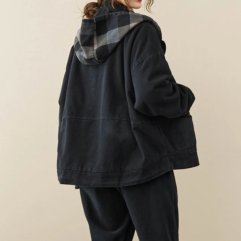 Chaqueta vaquera Retro para mujer, abrigo ueso de aodón polar con capucha de manga larga, cálido Otoño Invierno, cierre d...