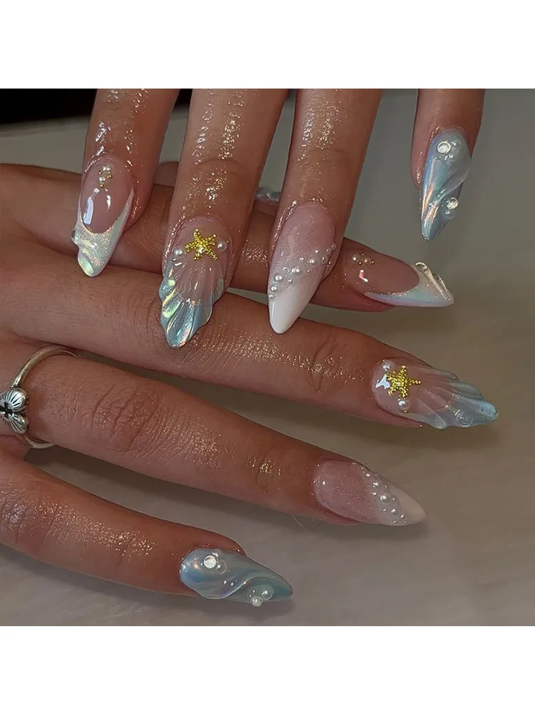 24 pièces presse sur ongles océan sirène 3D coquille étoile couverture complète ongles pièces pour femmes et filles détachable portable ongles usage quotidien