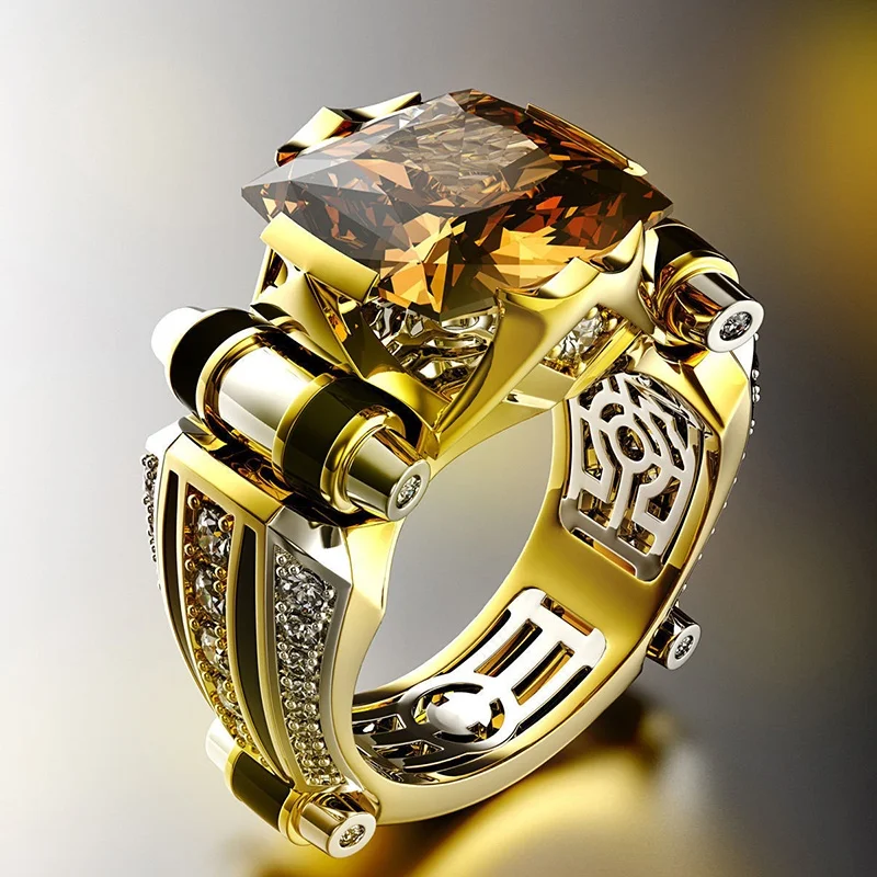 Classic Domineering Men's Ring Metal Gold Color Inlay Yellow Zircon Crystal Punk Rings for Men Wedding Party Hip Hop Jewelry