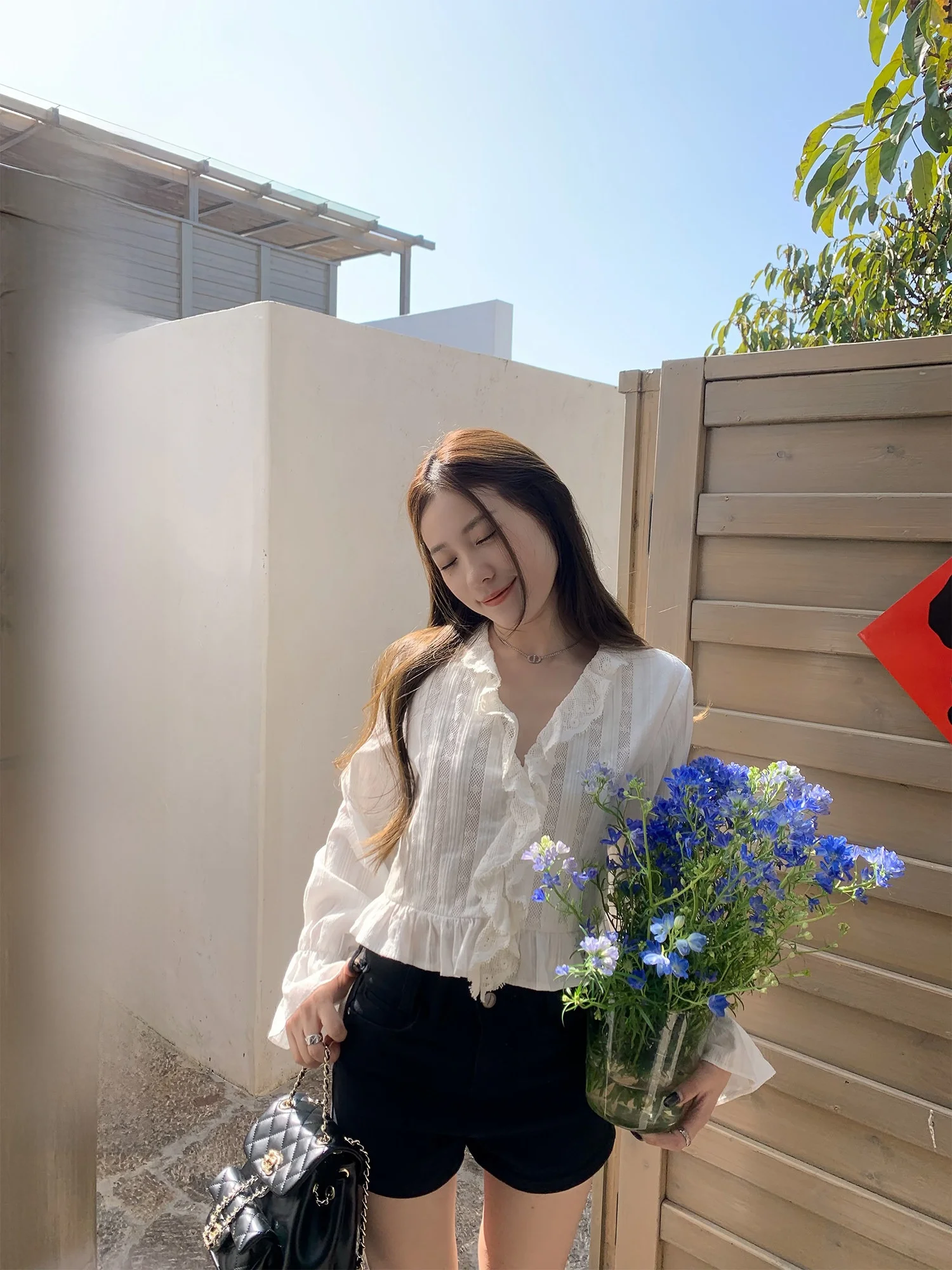 

Hhyii Pure White Summer Cotton Long Sleeve Women's Shirt Leaf Sun Protection Loose Fit Casual Style Short Length