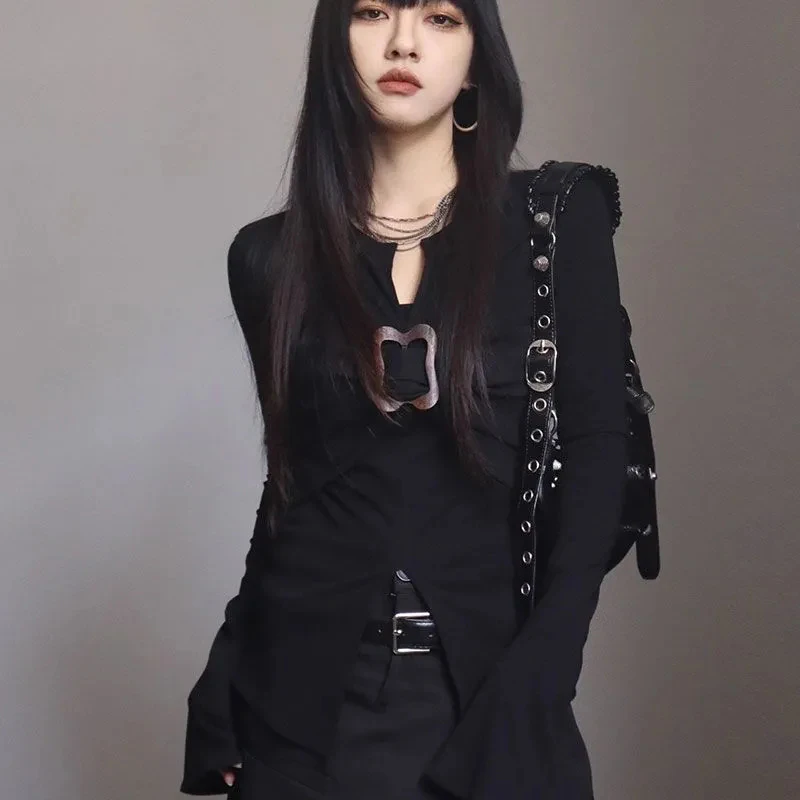 

Slim Fit Slit T Shirt Women Y2K Streetwear V Neck Pure Cotton Vintage Tees Autumn Winter Long Sleeve Hottie Patchwork Sexy Tops