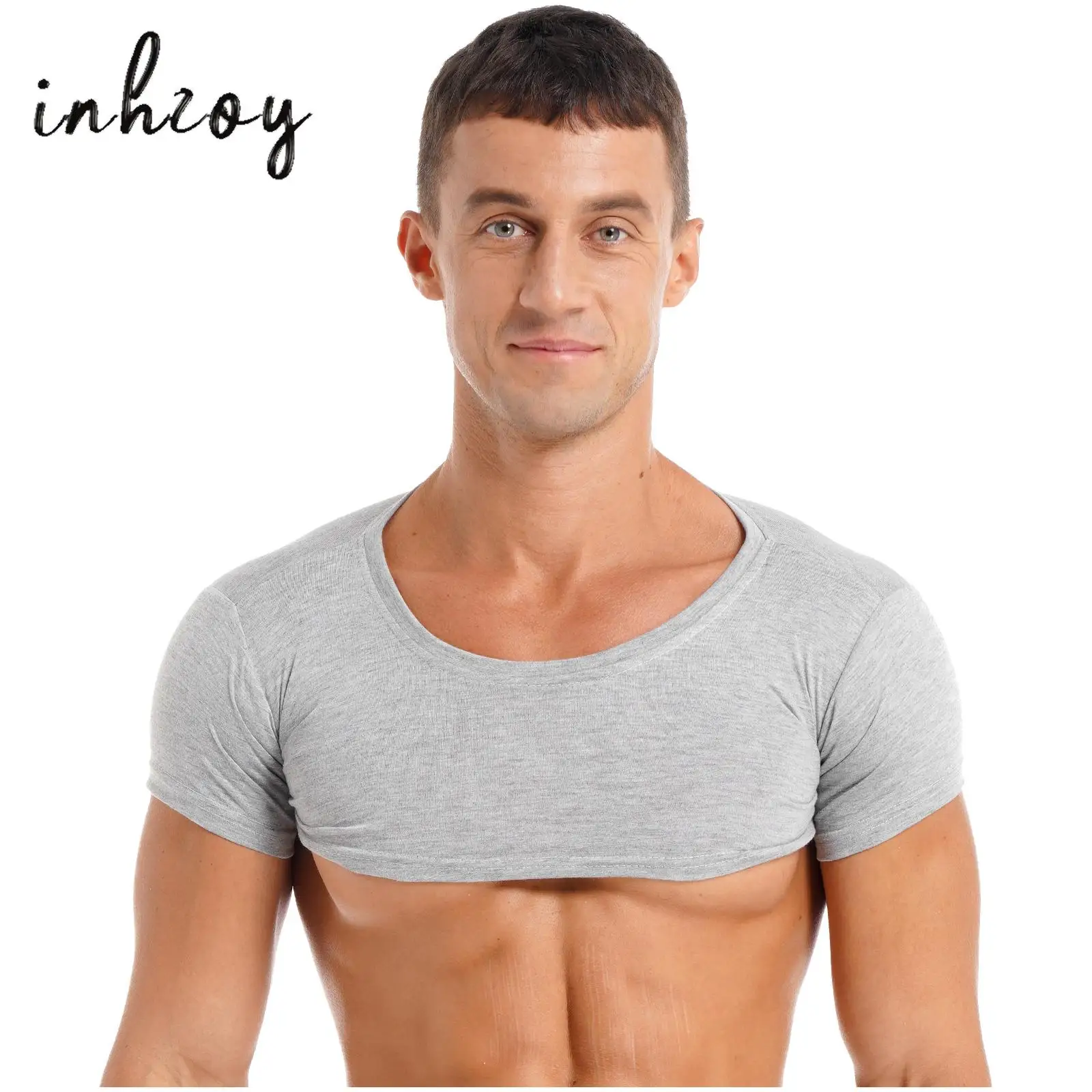 Mens Short Sleeve Crop Tops Casual Solid Color Round Neck Tank Tops T-Shirt Fitness Sport Gym Muscle Tees Rave Party Clubwear