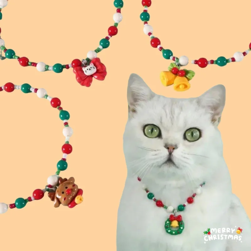 

Christmas Beads Necklace with Butterfly Knot Deer Christmas Wreath Pendant Cat And Dog