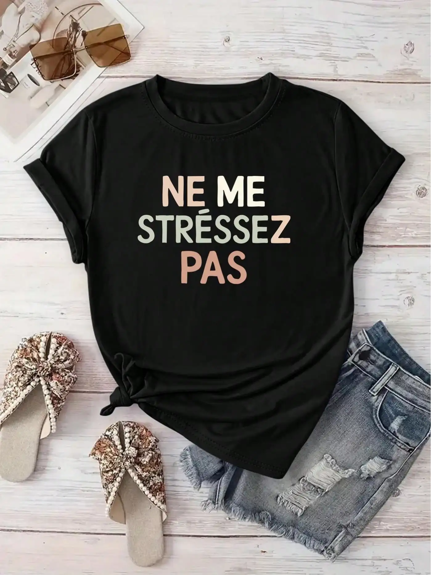

[New Arrival Recommendation] Letter Pattern French Short Sentence Printed-Shirt, Women's Casual, Vacation, Short Sleeve Round Ne