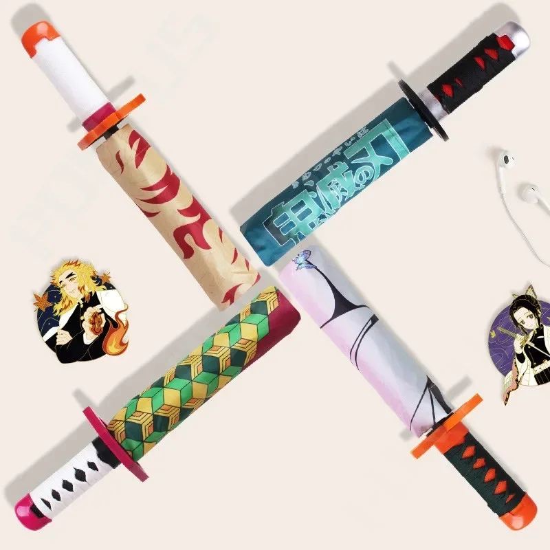 Demon Slayer Katana Umbrella Tanjirou Folding UV Blocking Parasol Real Japanese Katana Samurai Sabre Umbrellas Anime Parasol