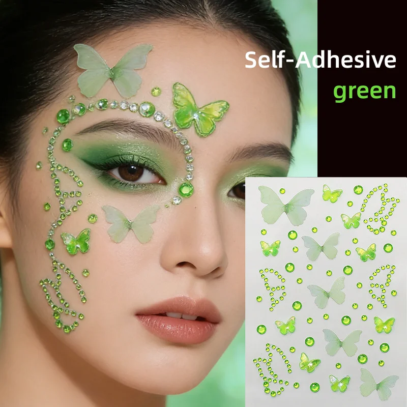 

5D Organza blue Butterfly&Crytal Face Tattoo Stickers Mixed Blue Round Diamond Face Decal Self-Adhesive Party Face/Body Slider