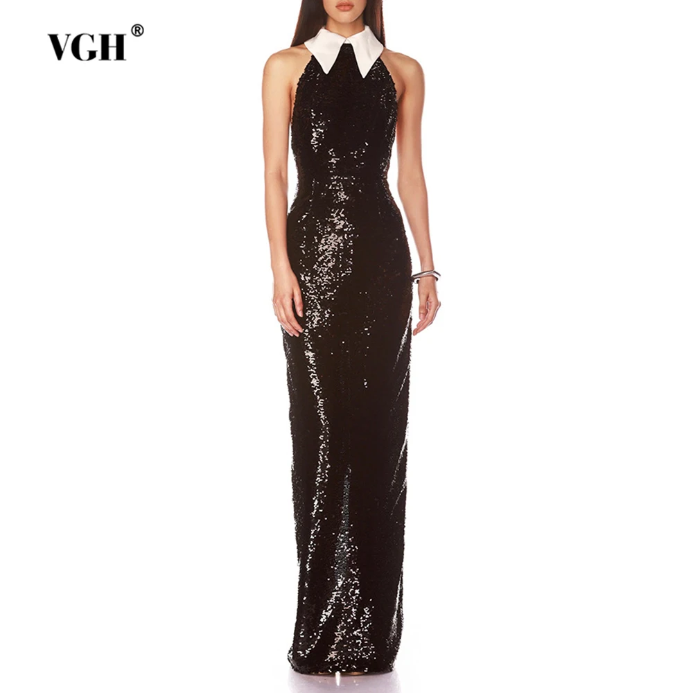 VGH Sexy Abnehmen Hit Pailletten Lange Kleider Für Frauen Revers Ärmellose Hohe Taille Herbst Temperament Abendkleid Weiblichen Stil