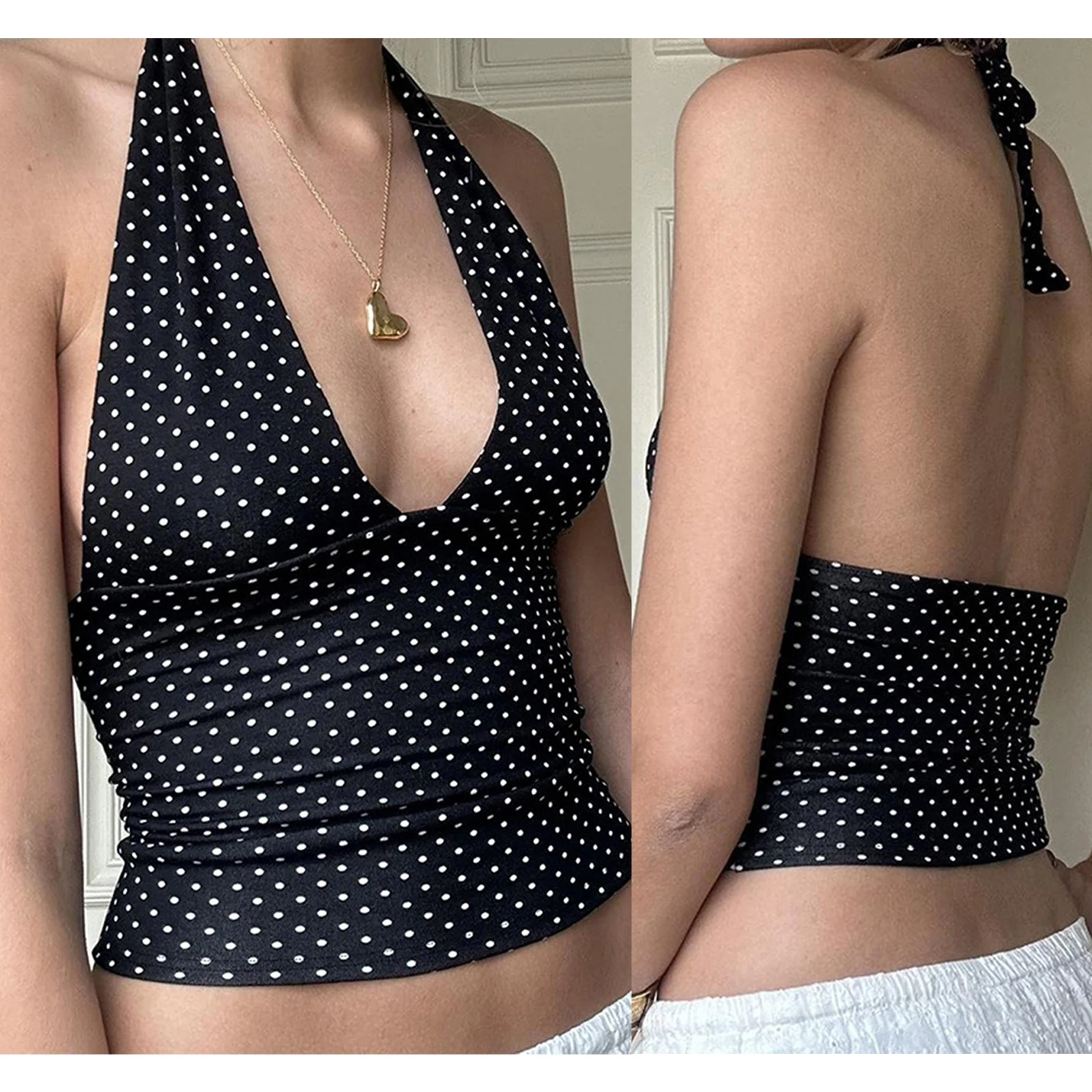 Women Halter Neck Vest Sleeveless Crop Tops y2k Back Tie Up Cami Shirts Deep V Neck Slim Fit Going Out Tank Top