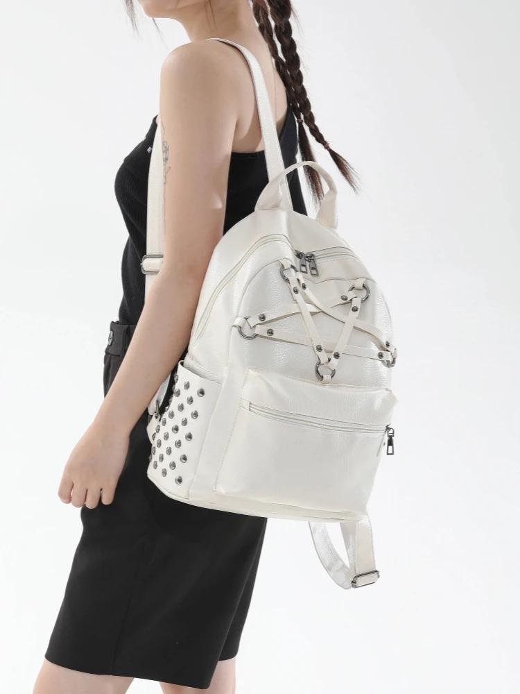 Large Capacity Simple Style PU Backpack for Girls with Rivets School Bag Korean Version Handbag Trendy Shoulder Bag