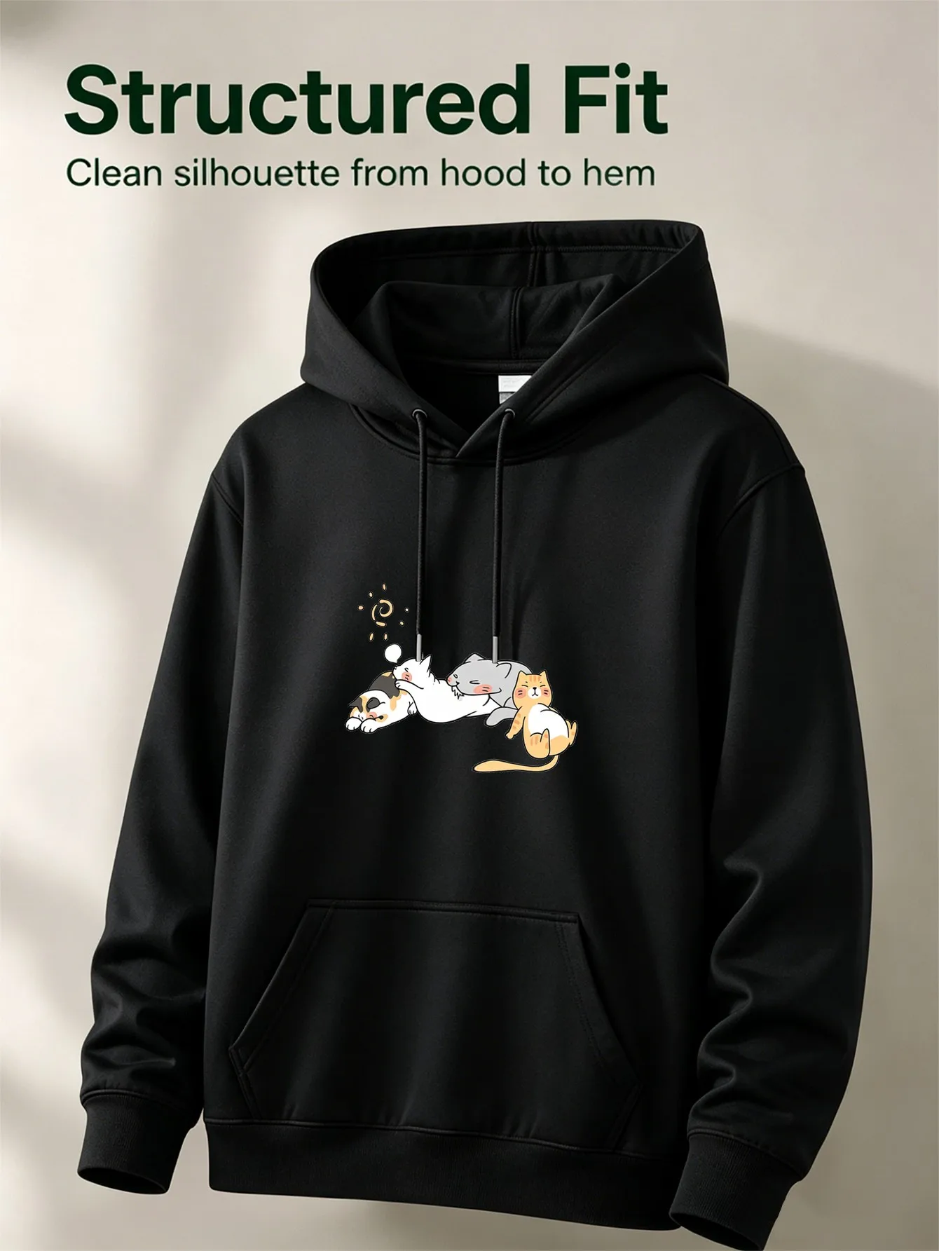 Men's Hoodie - Black and White Kitten (Teddy Velvet Suit) Print, Comfortable Casual Street Style, Suitable for All Seasons, Ideal Gift for Cat Lovers, Boys, and Men