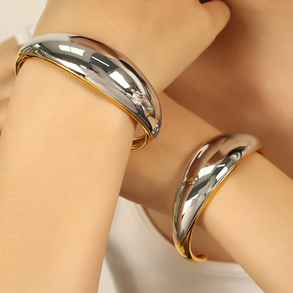 

Unique Stainless Steel C Shape Open Bangles Gold Silver Contrast Cuff Bracelets Unisex Waterproof Hand Jewelry Men Accessories