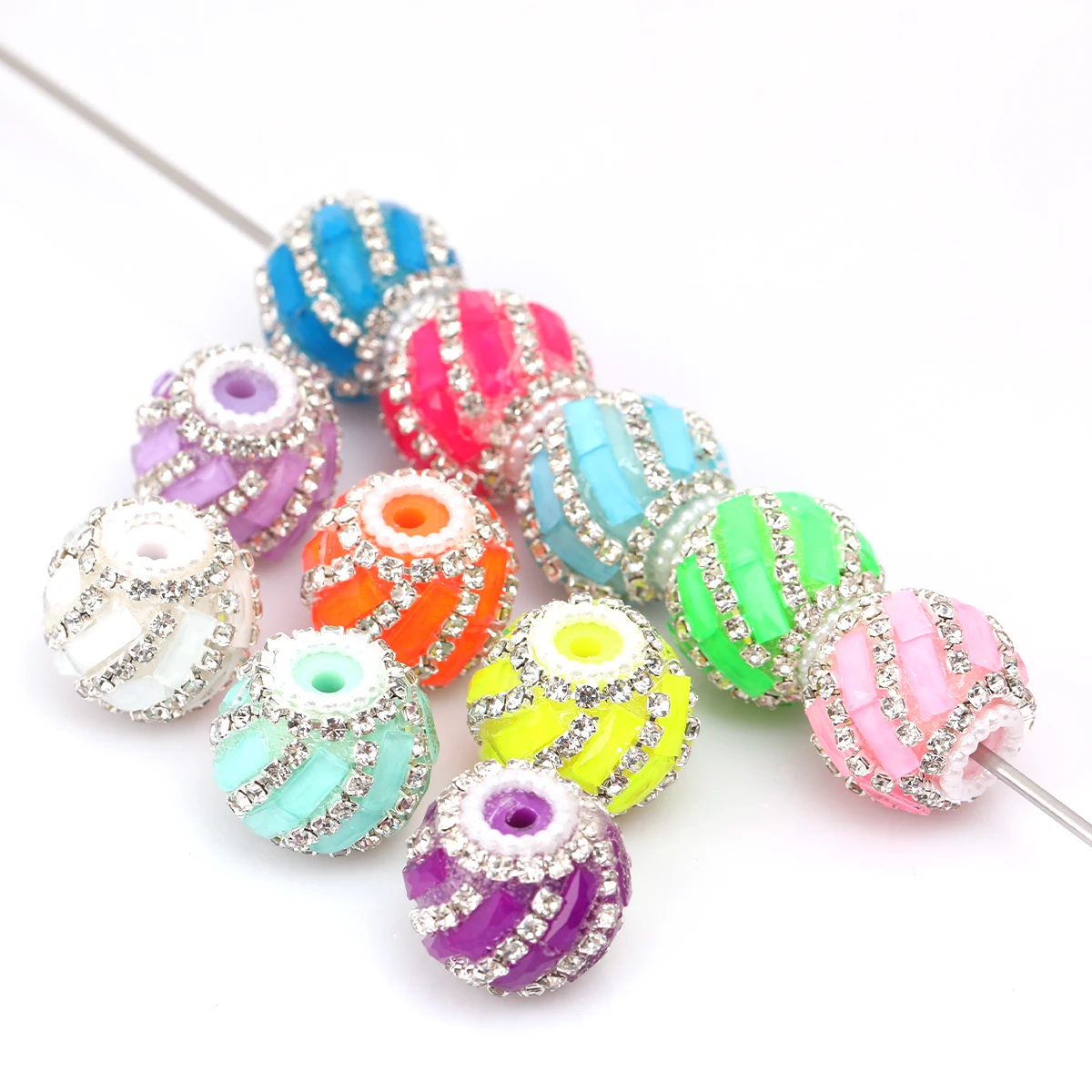 6pcs Random Color 1.9cm Diagonal Rhinestone Strip Round Acrylic Loose Beads DIY Handmade Bracelet Jewelry Craft Supplies
