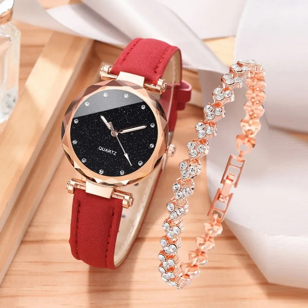 2pcs Luxury Fashion Women Watch Set PU Leather Strap Ladies Quartz Wristwatch Rhinestone RoseGold Alloy Bracelet For Ladies Gift