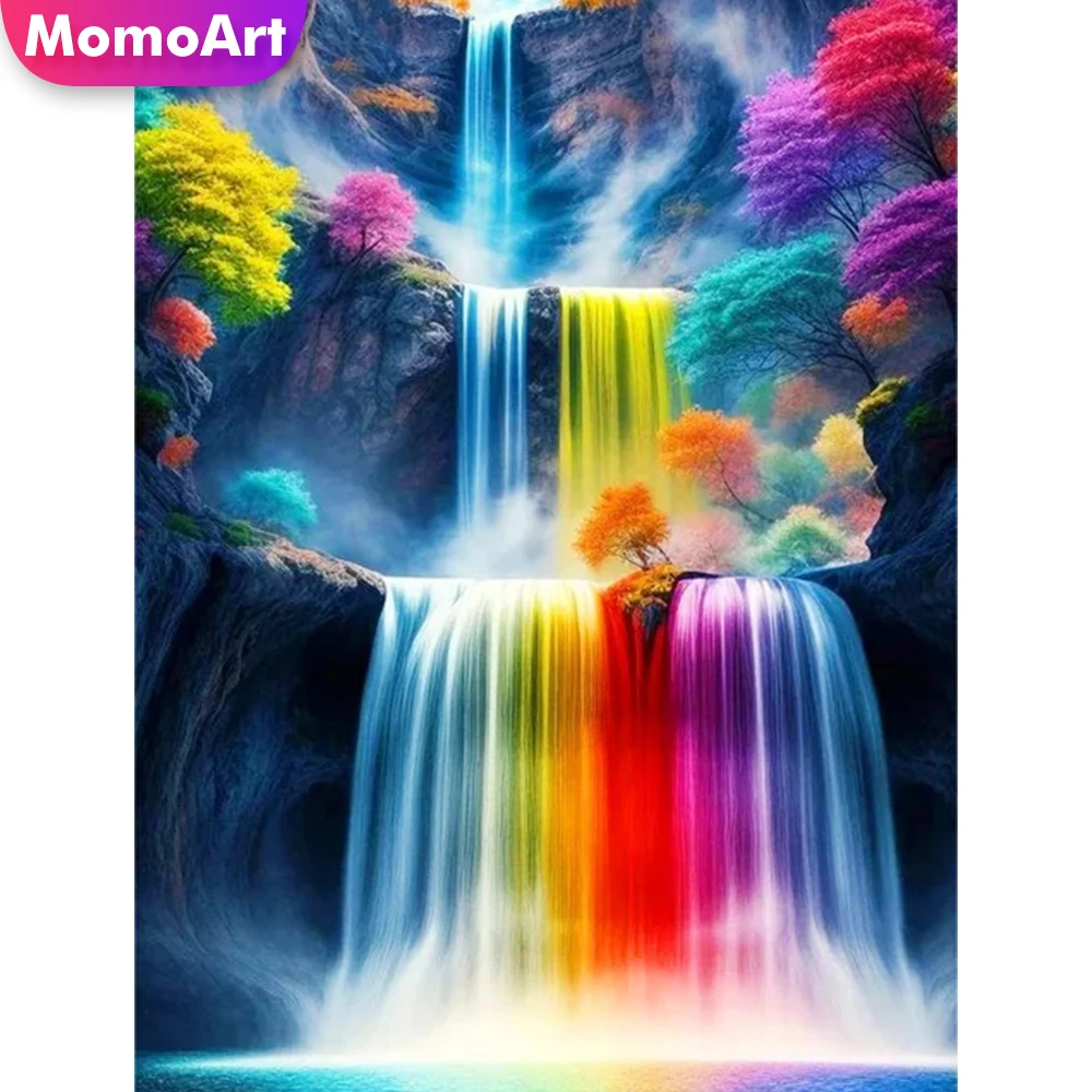 MomoArt Waterfall Diamond Embroidery Colorful Needlework Diamond Painting Landscape Full Square Round Mosaic Child Hobby