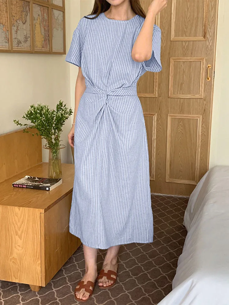 VONDA Abiti estivi a righe Donna Manica corta Stampa bohemien Camicia lunga Abiti 2025 Moda pieghettata Coreano Midi Vestito estivo Robe