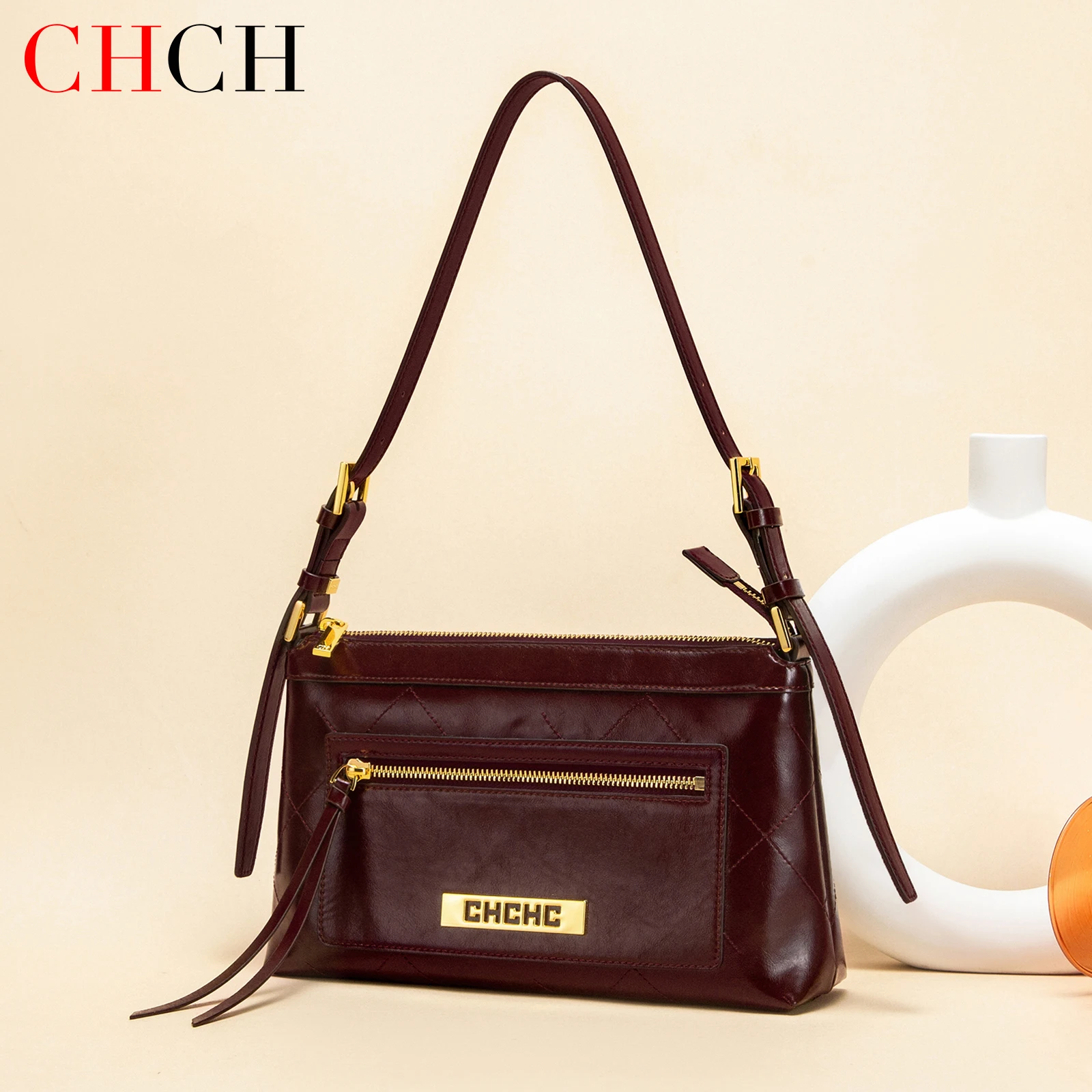 CHCH Burgundy PU Shoulder Bag for Women, Marble Print Handbag with Zipper Closure, Casual Everyday Purse