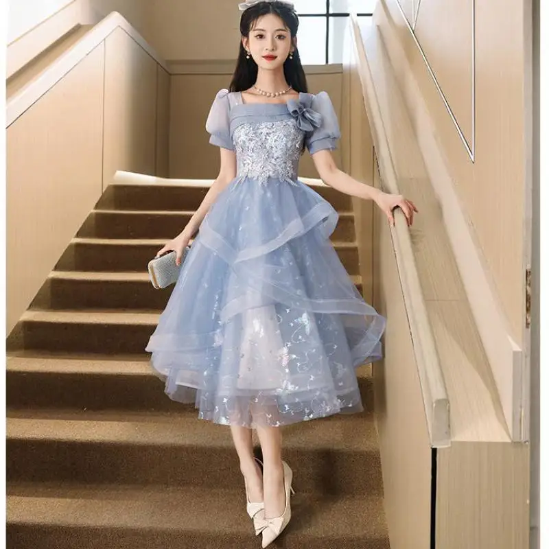 Blue Short Evening Dresses With Puff Sleeve Fashion Square Collar Vestido De Noche Sweet Lace Applique Tulle Dress Customized