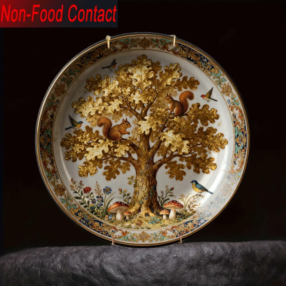 1pc Elegant Golden Oak Tree & Squirrel Floral Ceramic Decorative Plate | Non- Contact, Ideal for Living Room, Bedroom, Dining