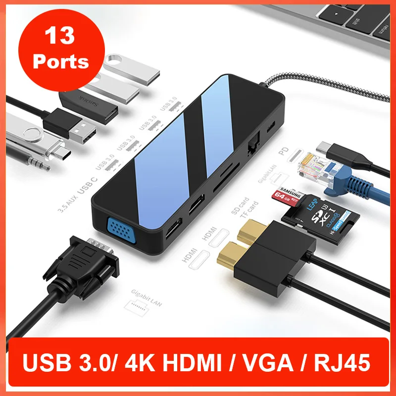 

USB-C Hub 13-in-1 Gigabit Docking Station VGA Type C 4K30Hz HDMI-compatible USB 3.0 Adapter RJ45 PD100W