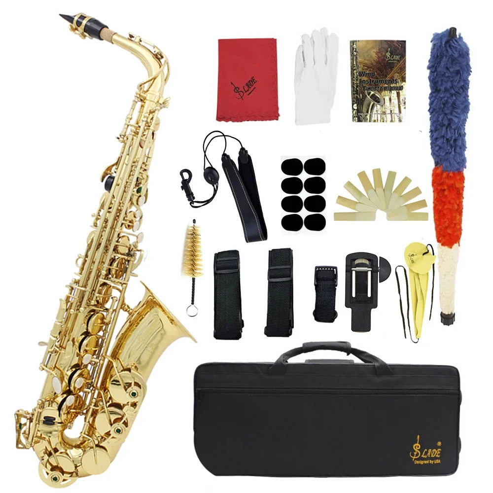 

SLADE Alto Saxophone Brass Lacquered Gold Eb E Flat Sax Woodwind Instrument with Cleaning Brush Case Strap Gloves Accessories