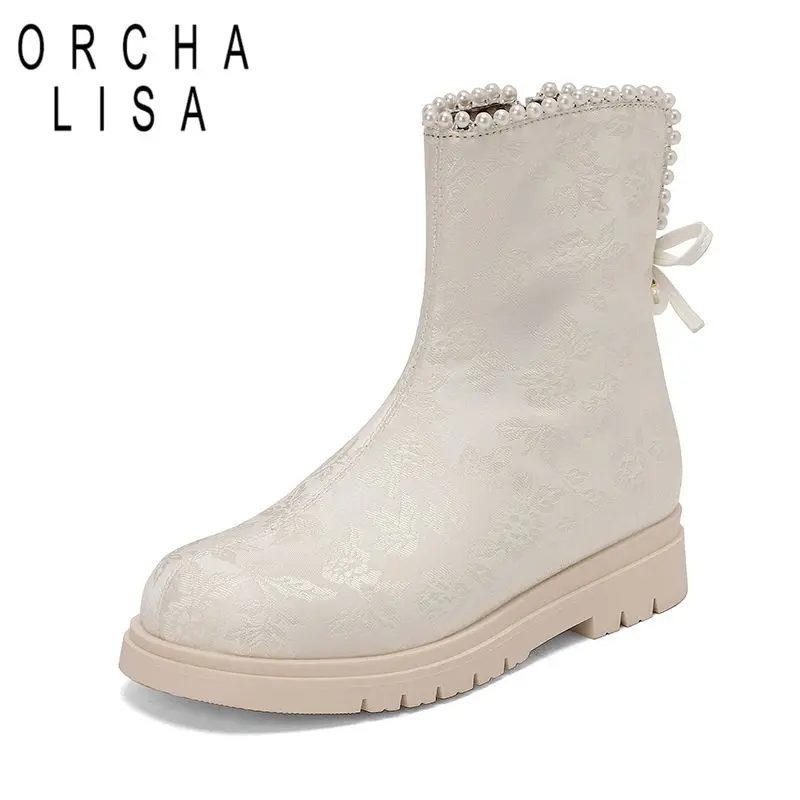 

ORCHA LISA Hot White Women Mid Calf Boots Round Toe 2.5cm Low Heels Zipper Bowknot Beads Large Size 42 43 Flower Women Winter
