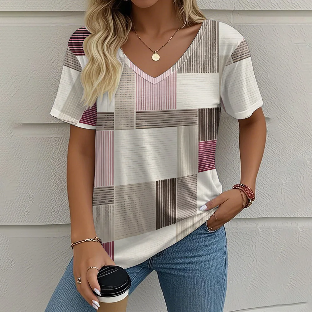 Women's T-Shirts Colorful Print Fashion V-neck Short Sleeve Tees Comfortable Breathable Loose Tops Summer Female Office Clothing