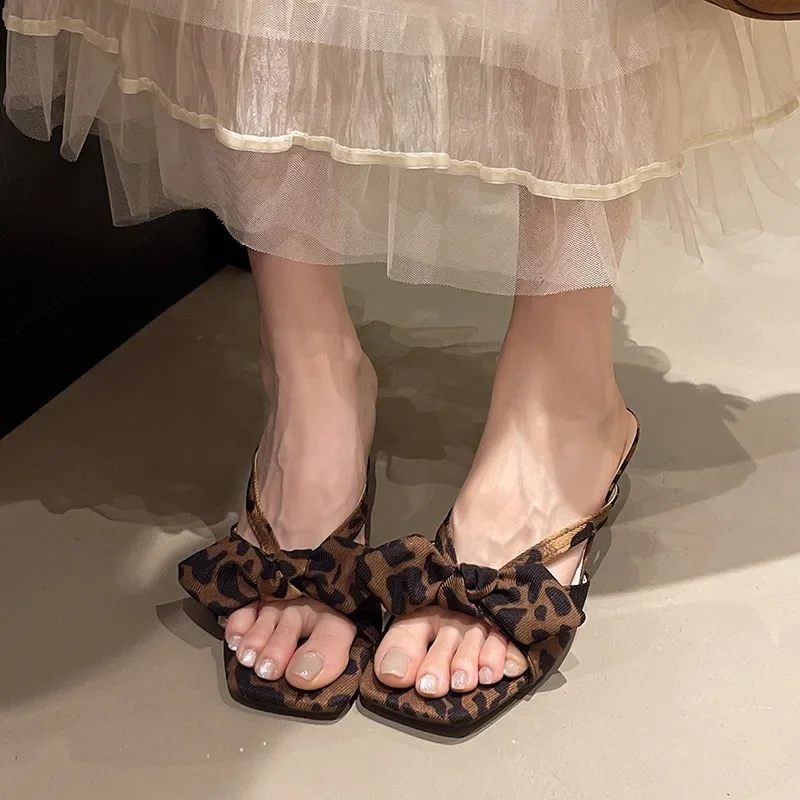 

2025 Hot Sale Ladies Shoes Open Toe Women's Slippers Fashion Outdoor Leopard Print New Butterfly-knot Best Seller High Heels