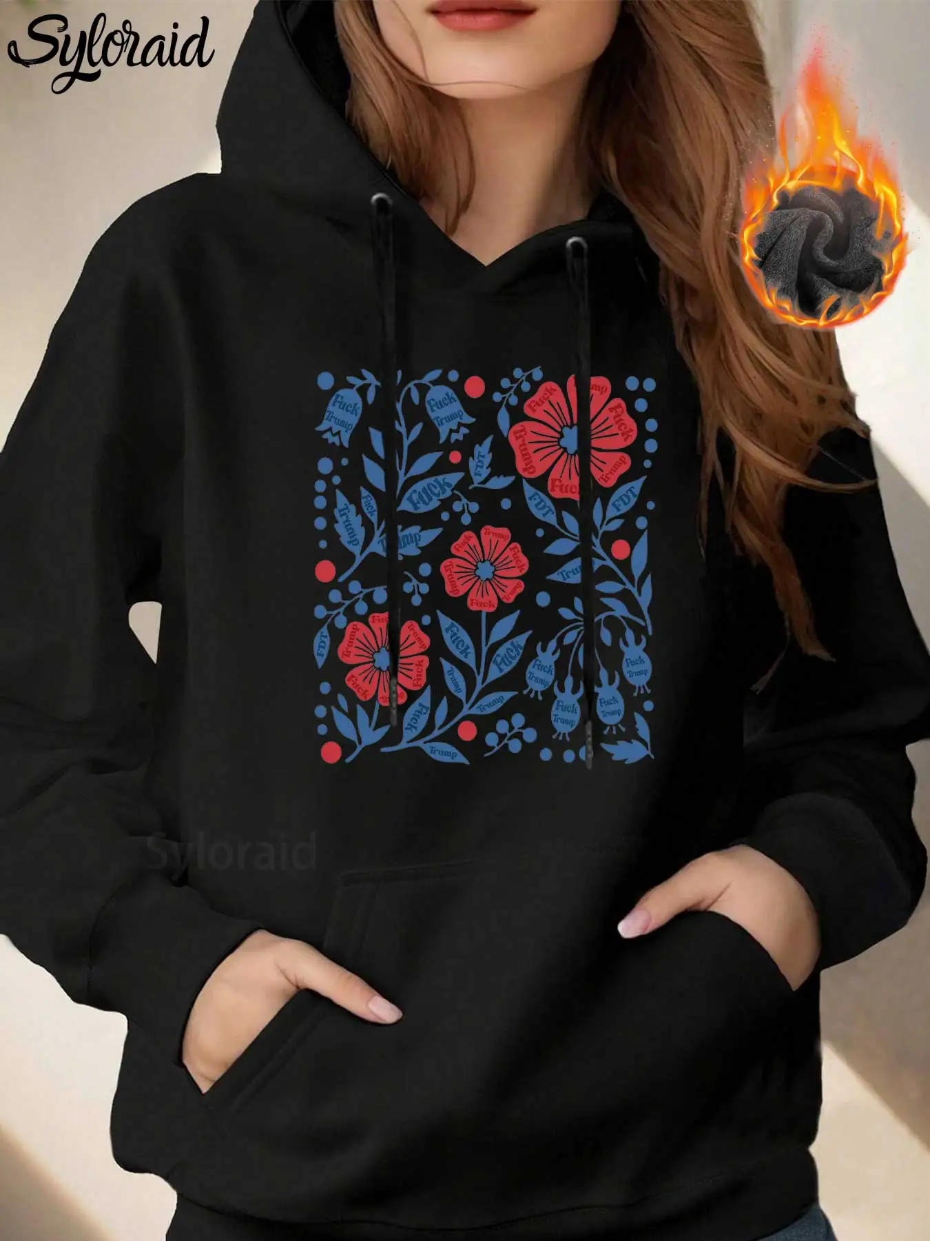 Damska bluza z kapturem oversize, pluszowa, codzienna, z nadrukiem kwiatowym FDT, bluza z kieszenią kangurką na zimę.