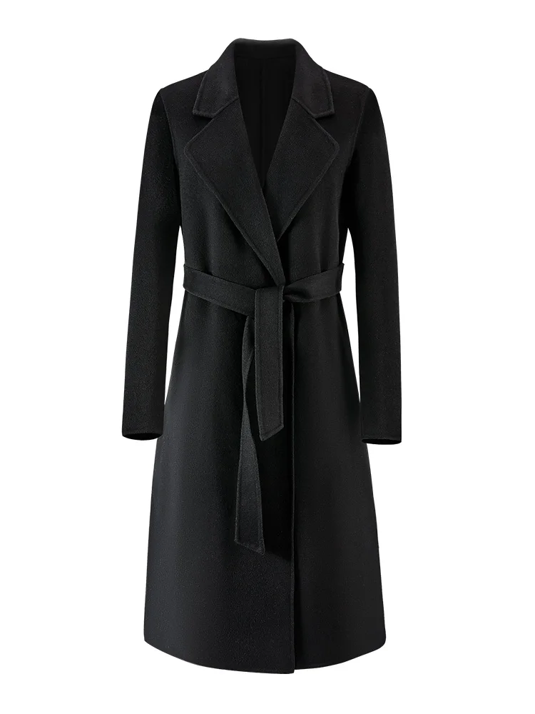 CAIXINGLE 2024 Autumn 100% Wool Coats With Belt Fashion Open Stitch Elegant Woolen Cashmere Coat Veste Femme Tops