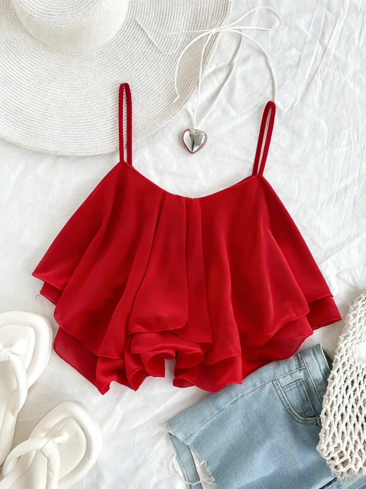 Women's Casual Daily Chiffon Crop Top Summer Lightweight Spaghetti Strap Ruffled Flowy Short Cami Party Sleeveless Blouse view 4