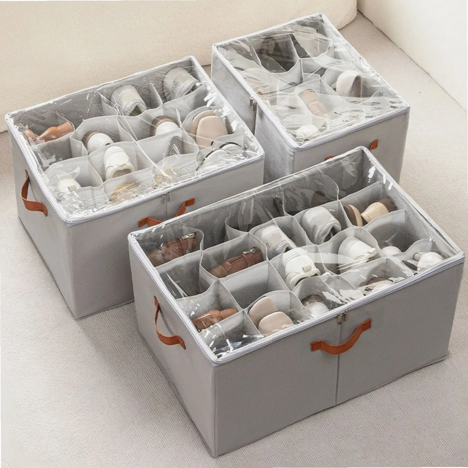 1PC Fabric Visual Shoe Storage Box with 12/16/20 Grids, Compartmentalized Organizer for Sneakers & Slippers, Under-Bed Shoe Rack