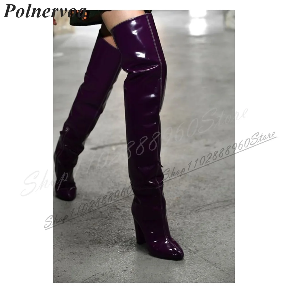 Over The Knee Purple Catwalk Leather Boots Chunky High Heel Women Shoes Side Zipper Pointed Toe 2024 Fashion Zapatos Para Mujere