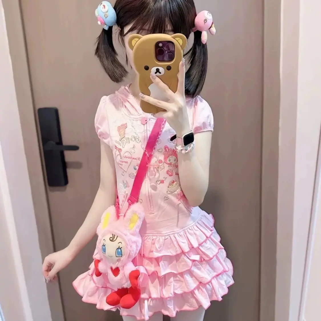 Japanese Cute Cartoon Mp Embroidery Sweet Girl Daughter Clothing Summer New Short Sleeve Zip Up Hooded Skirt Y2k Mini Skirt