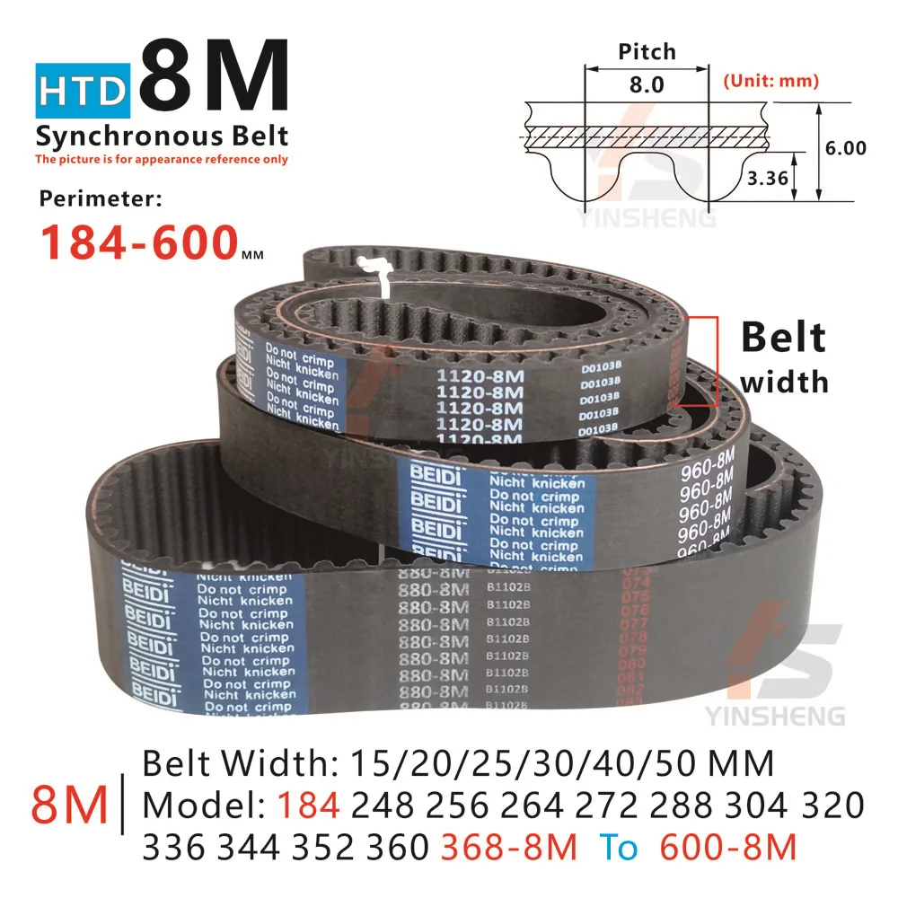 HTD 8M Synchronous Timing Belt perimeter 184-600MM Model 184-8M 248-8M 256-8M 264-8M 272-8M 288-8M 304-8M  To 600-8M CNC Belt