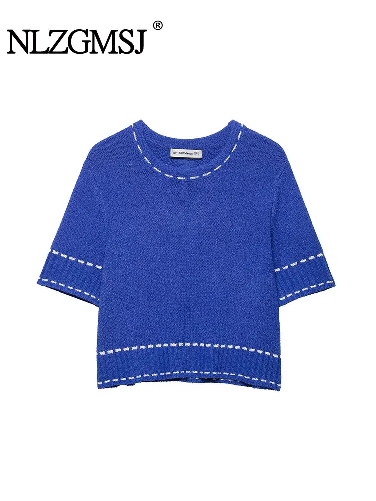 

2025 Summer Vintage Casual Chic Women Sweater Solid O-Neck Short Sleeve Blue Knitted Sweater New Fashion Sweater