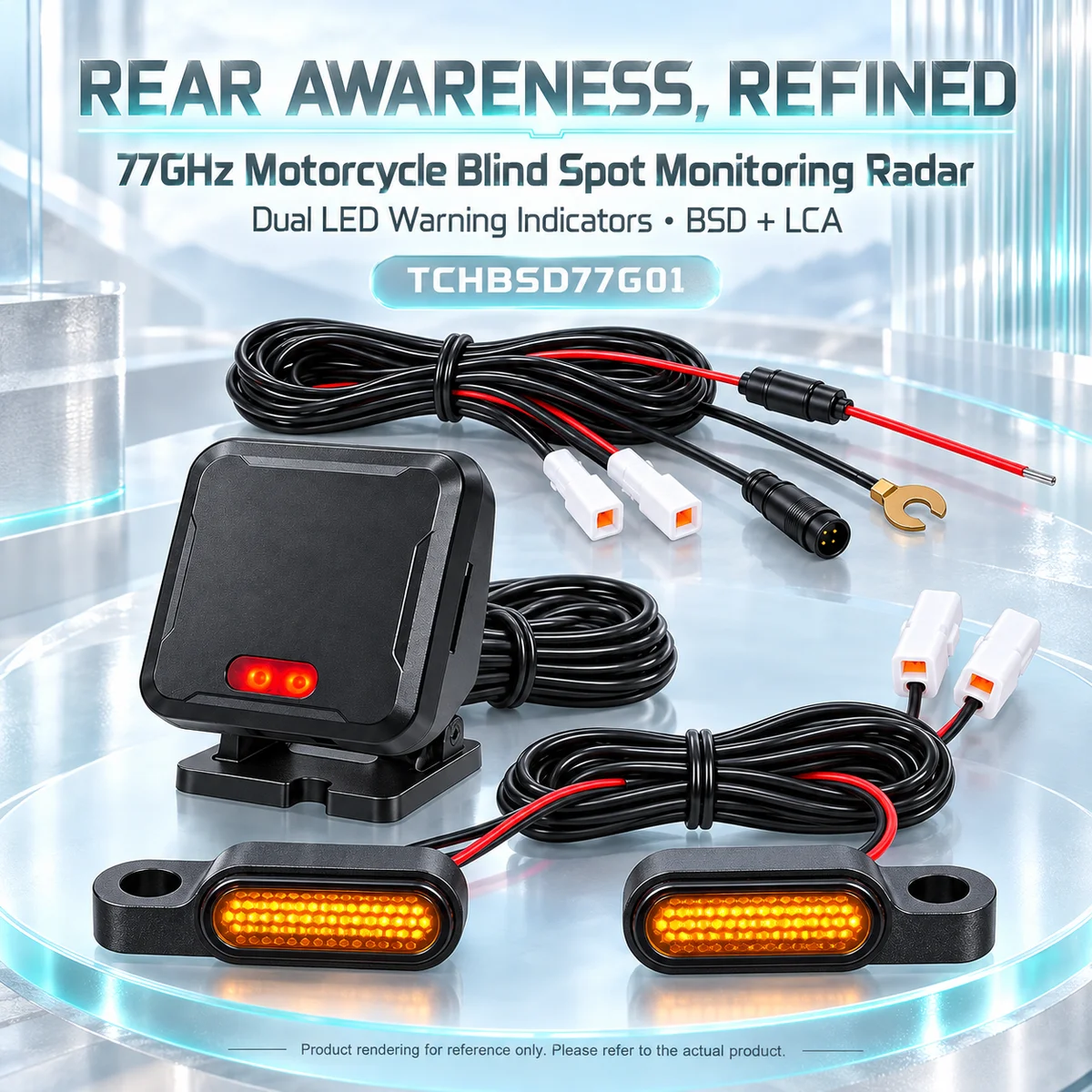 77GHz Motorcycle Rear Detection Radar System with Dual LED Blind Spot Alerts, BSD 8.4m LCA 50m Up to 70m