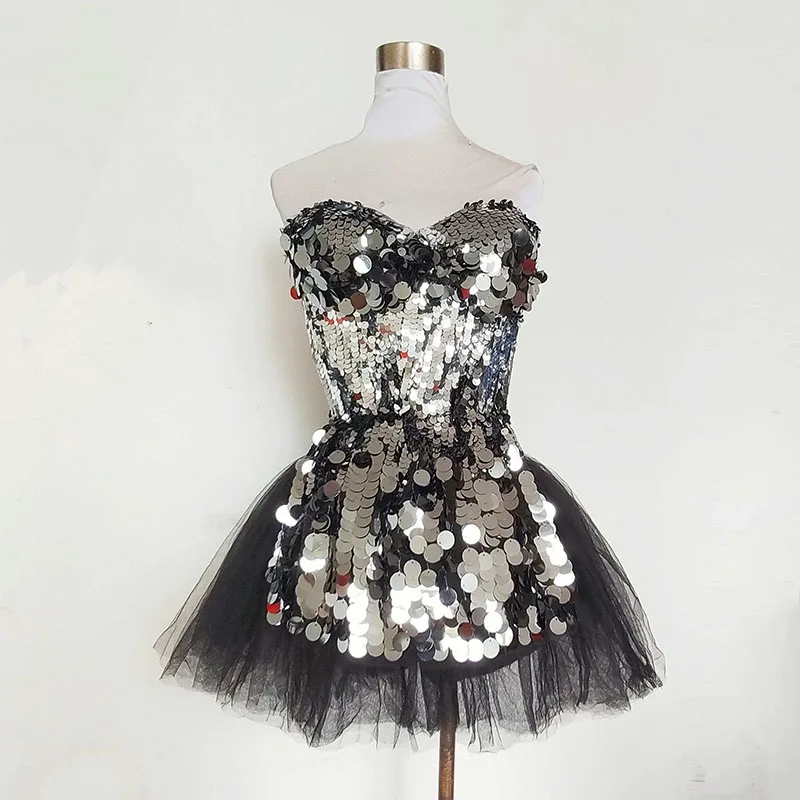 Drag Queen Dress Silver Sequins Ball Gown Singer Stage Costume Gogo Nightclub Performance Outfit Festival Party Dress Rave Wear
