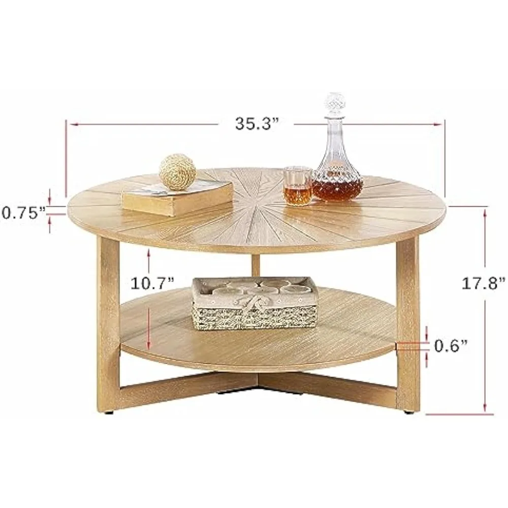 Round Table, 2 Tier Solid Natural Wood Coffee Table For Living Room, 35.3