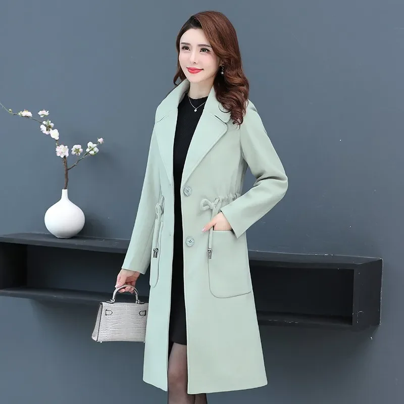 Women Chic Casual Woolen Windbreaker Overcoat 2026 Autumn Winter Slim Medium Long Single-Breasted Trenchcoat with Lace-Up Detail