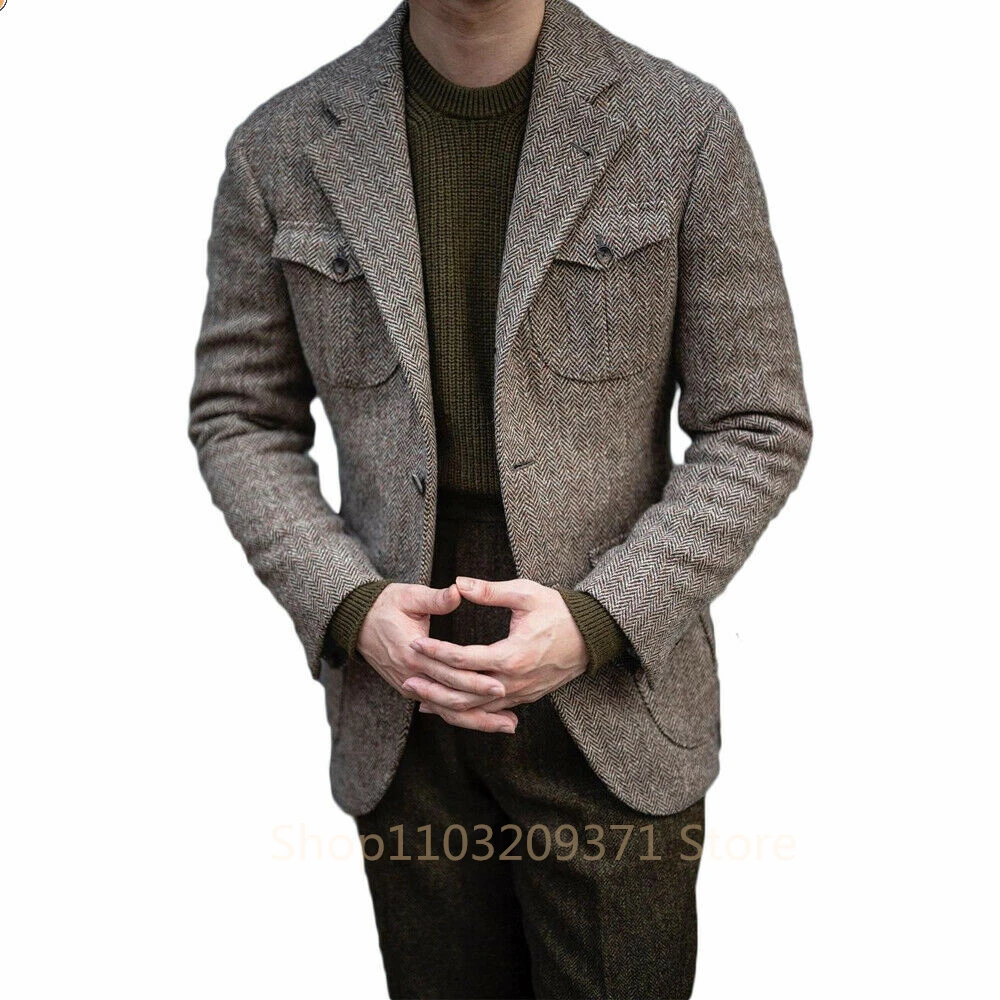 Only Jacket 1PCS Men\'s Blazer Herringbone Casual Luxury Single Breasted Elegant Suits For Men Clothing For men Male Suit